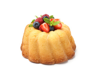 Delicious bundt cake with berries and mint isolated on white