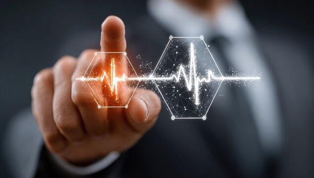 Businessman's finger touches a digital EKG