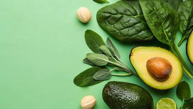 Healthy green food background with avocado spinach lime sage and nuts top view layout - Powered by Adobe