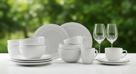 Spotless Kitchen Dishes on Table with Soft Green Blur – Clean Eating Essentials Displayed.
