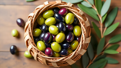 Top-View of Olive Basket with Variety of Types on Rustic Cloth Setting
