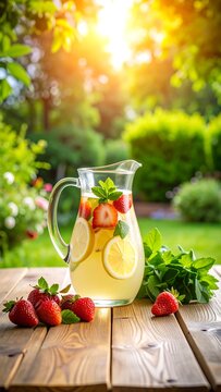 Refreshing pitcher of lemonade with strawberries and mint on a wooden table outdoors