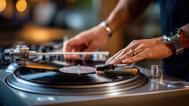 Dj scratching a vinyl record on a turntable, creating music and entertainment at an event
