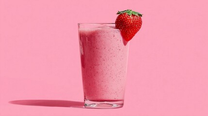 Refreshing pink strawberry smoothie in glass against vibrant pink background