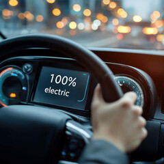 Obraz premium Electric Car Dashboard Showing 100% Battery – Future of Sustainable Mobility