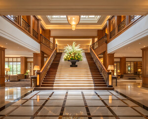 Luxury Hotel Lobby with Grand Staircase and Elegant Interior Design