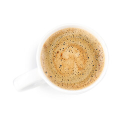 Aromatic coffee in cup isolated on white, top view