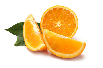 Pieces of fresh orange and green leaves isolated on white