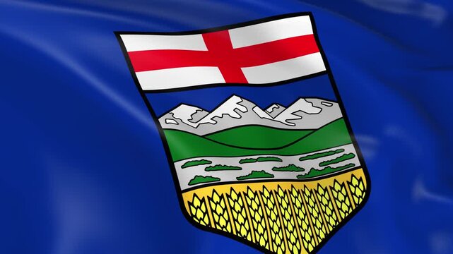 Photo realistic slow motion 4KHD flag of the Alberta Province waving in the wind.  Seamless loop animation with highly detailed fabric texture in 4K resolution.
