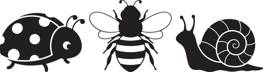 Vector art of a ladybug, a bee and a snail isolated on white background, showcasing a collection of small insects in a minimalist style isolated on white background