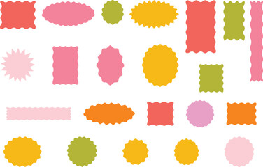 Vector art of collection of colorful wavy edge shapes isolated on white background, decorative labels and stickers for sale and promotion, vector design elements isolated on white background