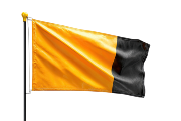 A vibrant flag, gold-orange and black, billows in the wind