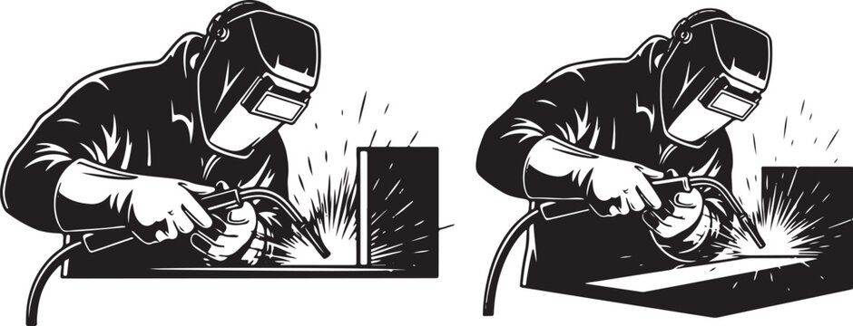 Vector art of welder at work isolated on white background, a vector illustration of a man welding metal with sparks, industrial worker in safety equipment isolated on white background