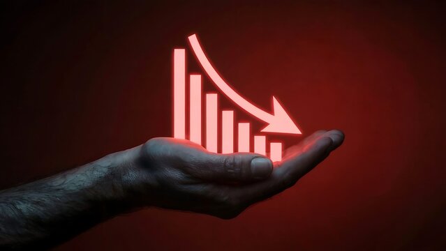A glowing red graph with a downward arrow in a hand, symbolizing economic decline and financial loss in the market