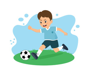 Exciting Soccer Action, Young Player Kicking Ball, Grass Field, Illustration, Playful Environment, Dynamic Viewpoint, Sports Concept