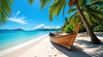 Stunning tropical beach video with vibrant blue ocean and traditional wooden boat on white sand