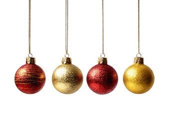 Four Christmas ornaments, gold and red, hanging