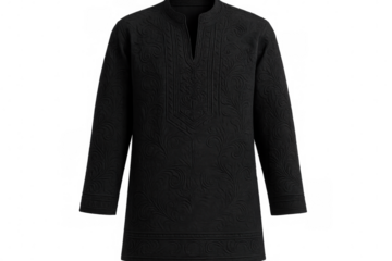 Traditional black kurta featuring intricate floral embroidery, highlighting cultural sophistication against transparent background for design versatility
