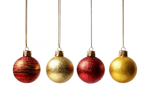 Four Christmas ornaments, gold and red, hanging