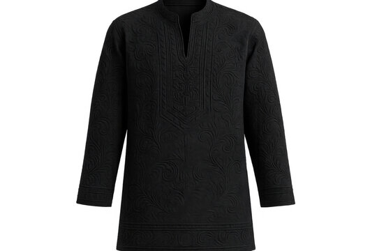 Traditional black kurta featuring intricate floral embroidery, highlighting cultural sophistication against transparent background for design versatility