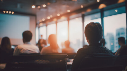 Audience attending business seminar in modern conference room with morning light, symbolizing learning, growth, networking, and corporate development.
