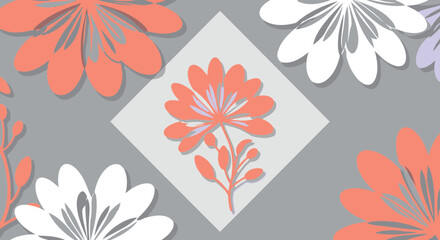 Coral and mint green floral design with grey background. Abstract flowers in a geometric pattern with shadows and layered effect.
