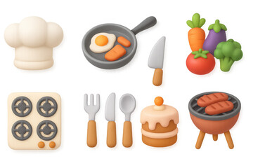 3d cooking and kitchen icons: chef hat, utensils, food items, and grill