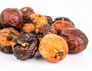 Scattered rotten fruits isolated on white background