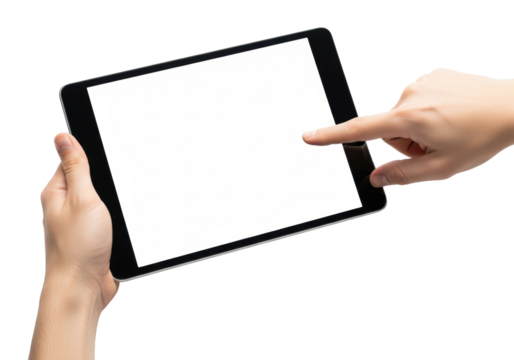 Light-skinned hands grip and tap a sleek modern black digital tablet with a blank bright white screen, isolated on a transparent seamless background with copy space, close-up, high-angle, shadowless