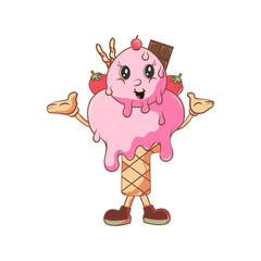 A happy ice cream with melting cream, chocolate, and strawberries