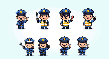 Cute police officer character mascot collection. Set of cartoon cops in uniform with various poses and equipment.