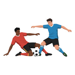 Intense soccer competition with two diverse players in action, one executing a slide tackle to win the ball.