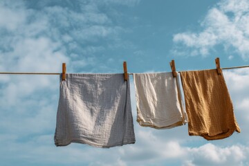 Linen clothes flutter softly on an outdoor line in the breeze, capturing simplicity, freshness, and everyday beauty.