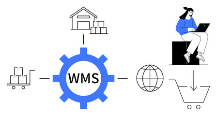 Gear with WMS text connects to inventory, warehouse, delivery carts, globe, and shopper with laptop representing logistics flow. Ideal for supply chain, e-commerce, inventory control, order
