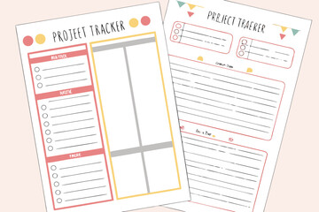 Two project tracker sheets with sections for action items and notes, designed with colorful accents and layouts