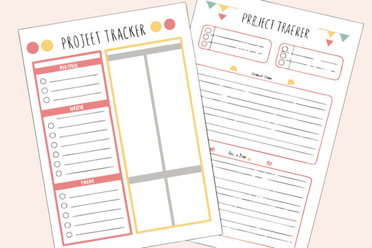 Two project tracker sheets with sections for action items and notes, designed with colorful accents and layouts - Powered by Adobe
