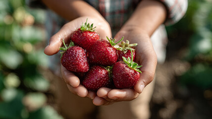 Hands holding fresh strawberries in a garden setting.