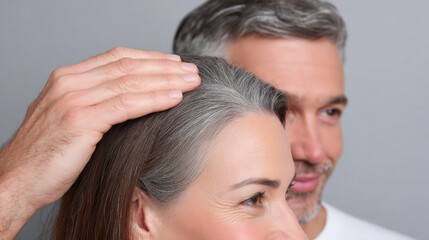 Fototapeta premium Gentle close up of mature couple, with man hand on woman head showing her scalp and emerging gray hair root, representing natural aging and loving acceptance
