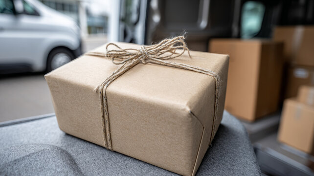 Cardboard package tied with string in delivery van.
