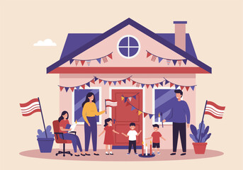 A family celebrating a national holiday outside their decorated home with flags and sparklers.