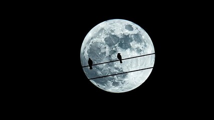 Silhouette of Two Birds on Power Lines in Front of a Large Full Moon Against a Black Night Sky - Powered by Adobe