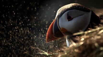 Close up portrait of a puffin with dramatic lighting