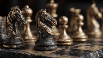 Chessboard with gold and black pieces
