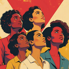 Bold women looking up with red yellow and cream background retro bold colors