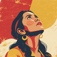 Bold women looking up with red yellow and cream background retro bold colors
