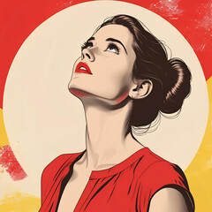 Bold women looking up with red yellow and cream background retro bold colors