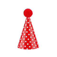A single, vibrant red party hat with cheerful white polka dots and a fluffy red pom-pom, presented standalone on a plain white studio background with even lighting, festive accessory concept