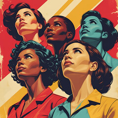 Bold women looking up with red yellow and cream background retro bold colors