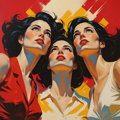Bold women looking up with red yellow and cream background retro bold colors