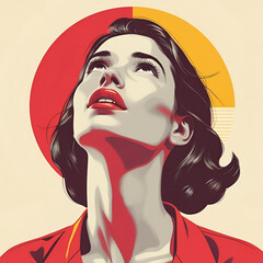 Bold women looking up with red yellow and cream background retro bold colors